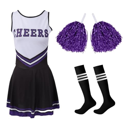 LSNNMU Cheerleader-Kostüm for die High School, Wettbewerb, Buchstabendruck, Tanzuniform mit Pompoms, Socken-Partykleid, Karneval, Halloween(Black,S) von LSNNMU