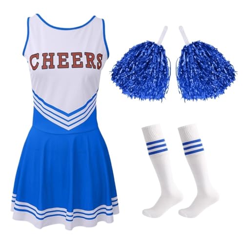LSNNMU Cheerleader-Kostüm for die High School, Wettbewerb, Buchstabendruck, Tanzuniform mit Pompoms, Socken-Partykleid, Karneval, Halloween(Blue,XL) von LSNNMU