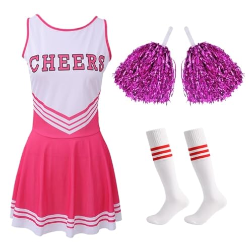 LSNNMU Cheerleader-Kostüm for die High School, Wettbewerb, Buchstabendruck, Tanzuniform mit Pompoms, Socken-Partykleid, Karneval, Halloween(Pink,L) von LSNNMU