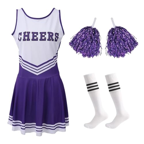 LSNNMU Cheerleader-Kostüm for die High School, Wettbewerb, Buchstabendruck, Tanzuniform mit Pompoms, Socken-Partykleid, Karneval, Halloween(Purple,M) von LSNNMU