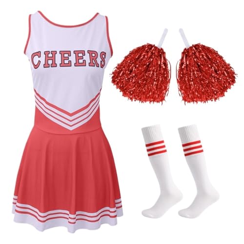 LSNNMU Cheerleader-Kostüm for die High School, Wettbewerb, Buchstabendruck, Tanzuniform mit Pompoms, Socken-Partykleid, Karneval, Halloween(Red,S) von LSNNMU