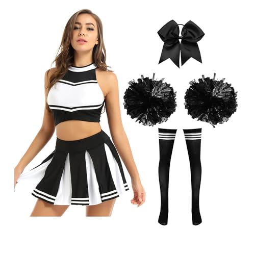 LSNNMU Cheerleader-Kostüme Schulmädchen-Tanz-Outfit Damen Cheerleading-Uniform Crop Top Faltenrock Pompom-Socken Performance-Anzug(Black A,M) von LSNNMU