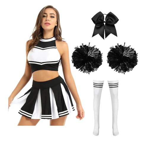 LSNNMU Cheerleader-Kostüme Schulmädchen-Tanz-Outfit Damen Cheerleading-Uniform Crop Top Faltenrock Pompom-Socken Performance-Anzug(Black B,M) von LSNNMU