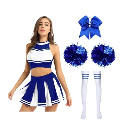 LSNNMU Cheerleader-Kostüme Schulmädchen-Tanz-Outfit Damen Cheerleading-Uniform Crop Top Faltenrock Pompom-Socken Performance-Anzug(Blue A,L) von LSNNMU