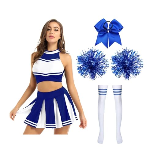 LSNNMU Cheerleader-Kostüme Schulmädchen-Tanz-Outfit Damen Cheerleading-Uniform Crop Top Faltenrock Pompom-Socken Performance-Anzug(Blue B,XXL) von LSNNMU
