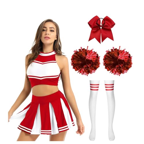LSNNMU Cheerleader-Kostüme Schulmädchen-Tanz-Outfit Damen Cheerleading-Uniform Crop Top Faltenrock Pompom-Socken Performance-Anzug(Red B,M) von LSNNMU