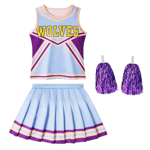 LSNNMU Cheerleader-Rock mit rundem Ausschnitt und Buchstaben-Aufdruck, Blumenbälle-Set for Mädchen, Urlaubsparty, Weihnachtszeit, Sportveranstaltungskleidung(Blue,140) von LSNNMU
