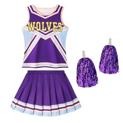 LSNNMU Cheerleader-Rock mit rundem Ausschnitt und Buchstaben-Aufdruck, Blumenbälle-Set for Mädchen, Urlaubsparty, Weihnachtszeit, Sportveranstaltungskleidung(Purple,130) von LSNNMU