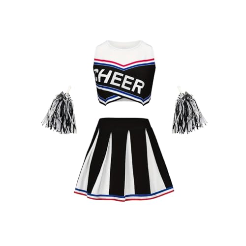 LSNNMU Cheerleading Ärmelloses Rock-Set Süße Sport-Kinder-Pompons Performance-Mädchen-Party-Kleidung Zurück zur Schulsaison(Black,130) von LSNNMU