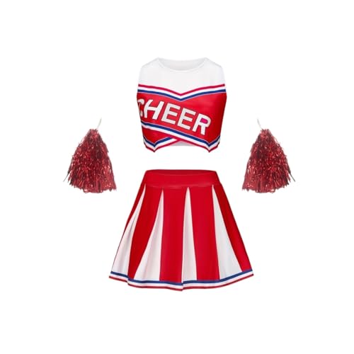 LSNNMU Cheerleading Ärmelloses Rock-Set Süße Sport-Kinder-Pompons Performance-Mädchen-Party-Kleidung Zurück zur Schulsaison(Red,130) von LSNNMU