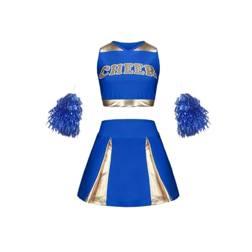 LSNNMU Cheerleading-Anzug for Kinder, Mädchen, süße Performance-Kleidung, Urlaubsparty, Sportbekleidung, mehrfarbig, optional mit Pompons(Blue,13-14Y(160cm)) von LSNNMU