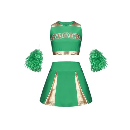LSNNMU Cheerleading-Anzug for Kinder, Mädchen, süße Performance-Kleidung, Urlaubsparty, Sportbekleidung, mehrfarbig, optional mit Pompons(Green,7-8Y(130cm)) von LSNNMU