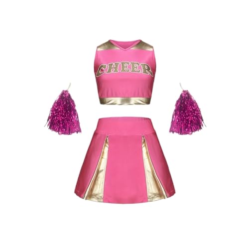 LSNNMU Cheerleading-Anzug for Kinder, Mädchen, süße Performance-Kleidung, Urlaubsparty, Sportbekleidung, mehrfarbig, optional mit Pompons(Pink,7-8Y(130cm)) von LSNNMU