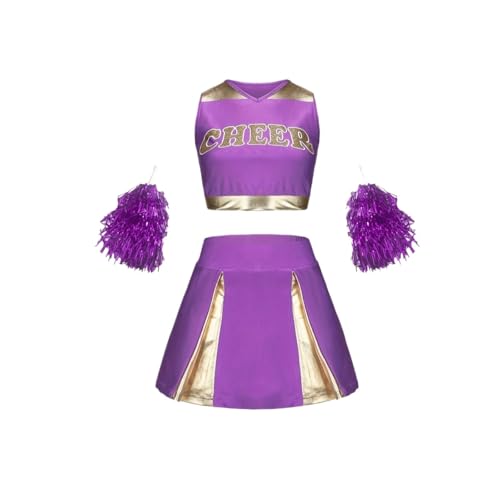 LSNNMU Cheerleading-Anzug for Kinder, Mädchen, süße Performance-Kleidung, Urlaubsparty, Sportbekleidung, mehrfarbig, optional mit Pompons(Purple,5-6Y(120cm)) von LSNNMU