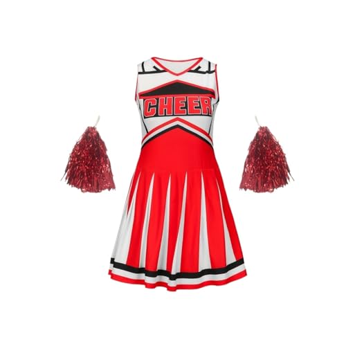 LSNNMU Cheerleading-Kleid, süßes Kinder-Pompons-Performance-Kleid, Mädchen-Ferienparty-Kleidung, Schulanfang(Red,110(4-5Y)) von LSNNMU