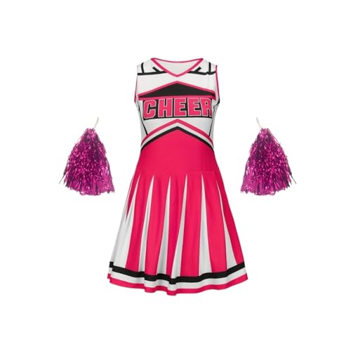 LSNNMU Cheerleading-Kleid, süßes Kinder-Pompons-Performance-Kleid, Mädchen-Ferienparty-Kleidung, Schulanfang(Rose Red,150(11-12Y)) von LSNNMU