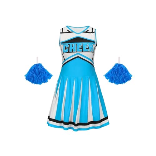 LSNNMU Cheerleading-Kleid, süßes Kinder-Pompons-Performance-Kleid, Mädchen-Ferienparty-Kleidung, Schulanfang(Sky Blue,120(5-6Y)) von LSNNMU