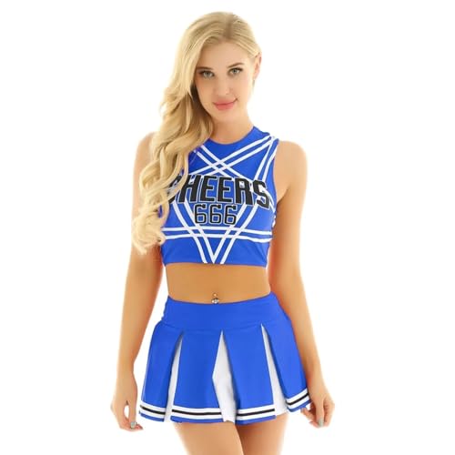 LSNNMU Damen Cheerleader Kostüm Uniform Outfit Stehkragen Crop Top mit Mini Faltenröcken Karneval Cheerleading Anzug(Blue B,XXL) von LSNNMU