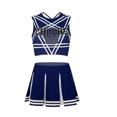 LSNNMU Damen Cheerleader Kostüm Uniform Outfit Stehkragen Crop Top mit Mini Faltenröcken Karneval Cheerleading Anzug(Deep Blue B,S) von LSNNMU