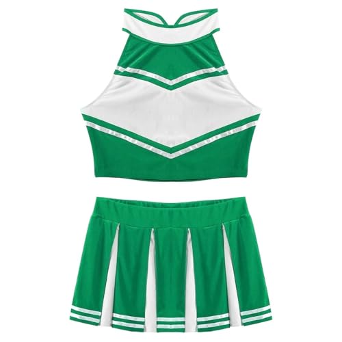 LSNNMU Damen Cheerleader Kostüm Uniform Outfit Stehkragen Crop Top mit Mini Faltenröcken Karneval Cheerleading Anzug(Green A,L) von LSNNMU