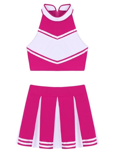 LSNNMU Damen Cheerleader Kostüm Uniform Outfit Stehkragen Crop Top mit Mini Faltenröcken Karneval Cheerleading Anzug(Hot Pink A,XL) von LSNNMU