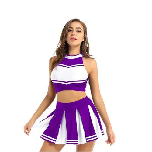 LSNNMU Damen Cheerleader Kostüm Uniform Outfit Stehkragen Crop Top mit Mini Faltenröcken Karneval Cheerleading Anzug(Purple A,S) von LSNNMU