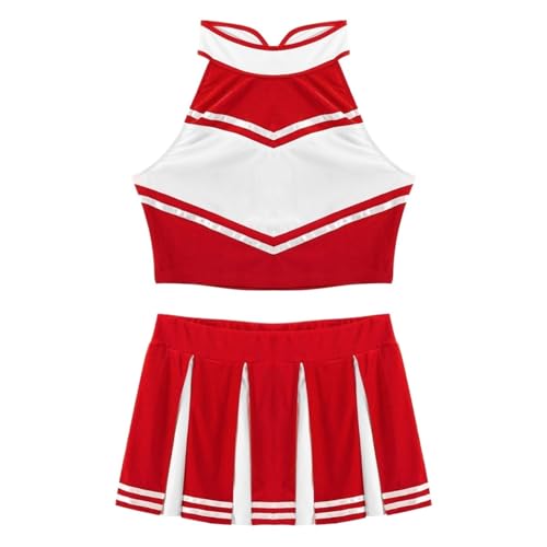 LSNNMU Damen Cheerleader Kostüm Uniform Outfit Stehkragen Crop Top mit Mini Faltenröcken Karneval Cheerleading Anzug(Red A,M) von LSNNMU