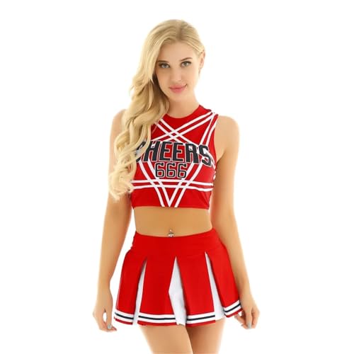 LSNNMU Damen Cheerleader Kostüm Uniform Outfit Stehkragen Crop Top mit Mini Faltenröcken Karneval Cheerleading Anzug(Red B,M) von LSNNMU