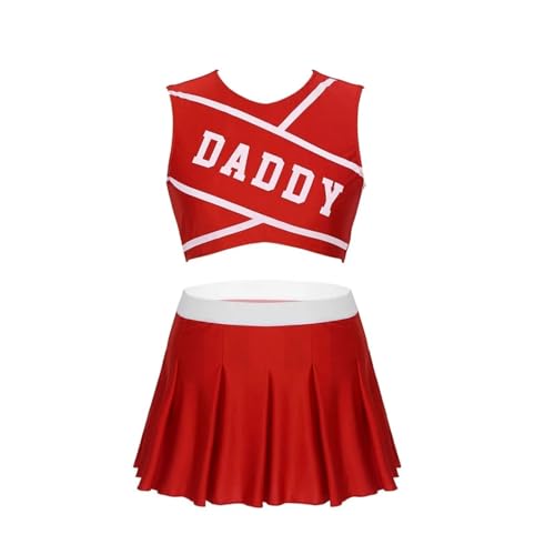LSNNMU Damen Cheerleader Kostüm Uniform Outfit Stehkragen Crop Top mit Mini Faltenröcken Karneval Cheerleading Anzug(Red C,XL) von LSNNMU