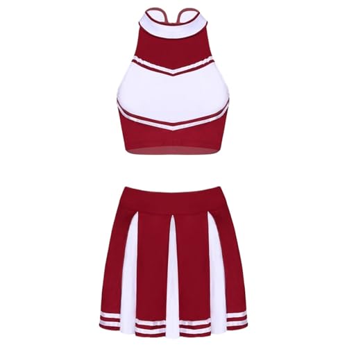 LSNNMU Damen Cheerleader Kostüm Uniform Outfit Stehkragen Crop Top mit Mini Faltenröcken Karneval Cheerleading Anzug(Wine Red A,S) von LSNNMU
