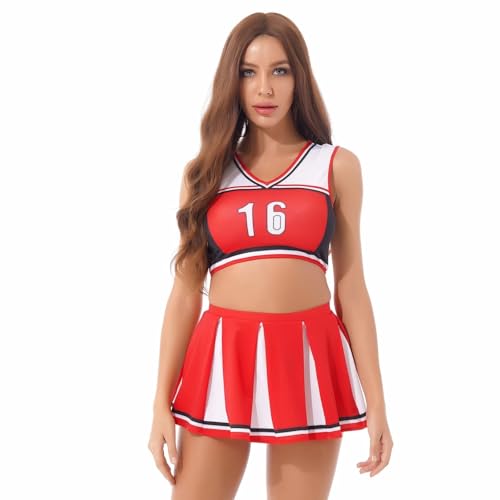 LSNNMU Damen-Cheerleading-Anzug mit Farbblock, Rollenspiel-Show-Outfits, Damen-Crop-Top V-Ausschnitt, ärmellos, Buchstabendruck und Faltenrock(Red,L) von LSNNMU