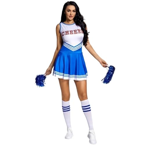 LSNNMU Damen Cheerleading-Uniform, ärmellos, Tanzkostüm, Cheerleader-Outfit for Erwachsene, runder Ausschnitt, Kleid mit Buchstabendruck, Blumen und Socken(Blue,S) von LSNNMU