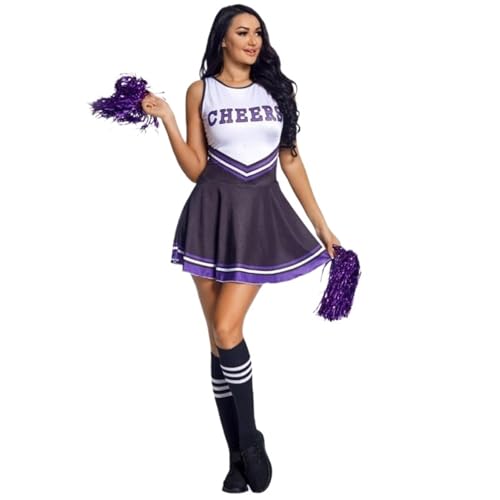 LSNNMU Damen Cheerleading-Uniform, ärmellos, Tanzkostüm, Cheerleader-Outfit for Erwachsene, runder Ausschnitt, Kleid mit Buchstabendruck, Blumen und Socken(Dark Purple,XL) von LSNNMU