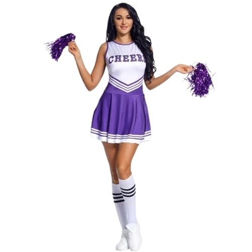 LSNNMU Damen Cheerleading-Uniform, ärmellos, Tanzkostüm, Cheerleader-Outfit for Erwachsene, runder Ausschnitt, Kleid mit Buchstabendruck, Blumen und Socken(Purple,S) von LSNNMU