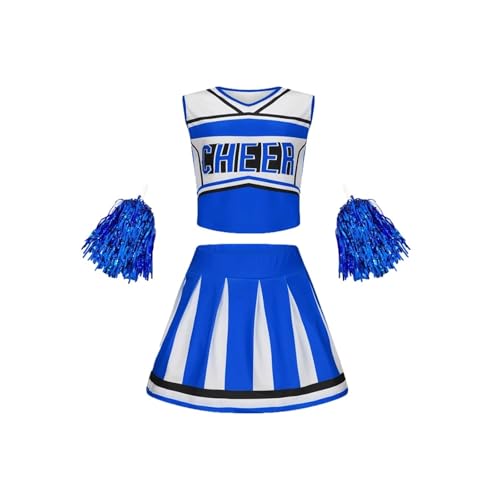 LSNNMU Kinder-Cheerleading-Uniform, ärmelloser kurzer Rock, Tanzbekleidungsset for Schulmädchen, bezauberndes Cheerleader-Outfit for die Schule(Blue,150cm) von LSNNMU