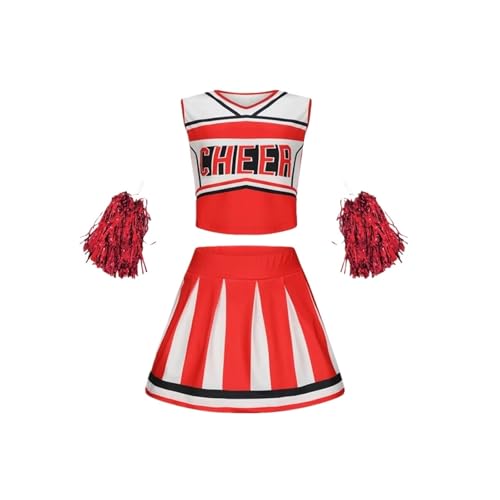 LSNNMU Kinder-Cheerleading-Uniform, ärmelloser kurzer Rock, Tanzbekleidungsset for Schulmädchen, bezauberndes Cheerleader-Outfit for die Schule(Red,120cm) von LSNNMU