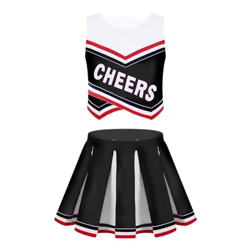 LSNNMU Kinder Mädchen Cheerleading Uniform Anzug Ärmellos Buchstaben Druck Mit Plissee Rock Outfit Set Cheerleader Karneval Party Kostüme(Black,14) von LSNNMU