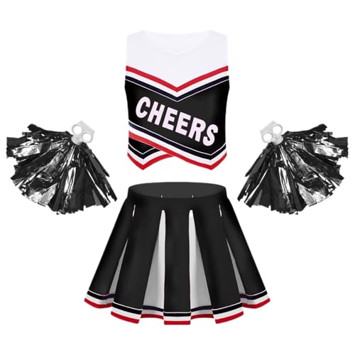 LSNNMU Kinder Mädchen Cheerleading Uniform Anzug Ärmellos Buchstaben Druck Mit Plissee Rock Outfit Set Cheerleader Karneval Party Kostüme(Black A,12) von LSNNMU