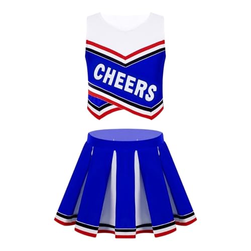 LSNNMU Kinder Mädchen Cheerleading Uniform Anzug Ärmellos Buchstaben Druck Mit Plissee Rock Outfit Set Cheerleader Karneval Party Kostüme(Blue,10) von LSNNMU
