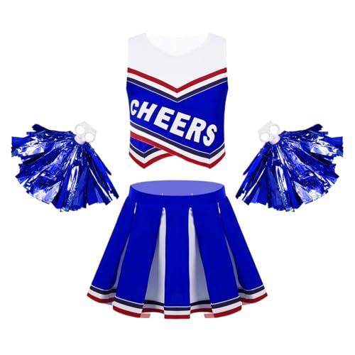 LSNNMU Kinder Mädchen Cheerleading Uniform Anzug Ärmellos Buchstaben Druck Mit Plissee Rock Outfit Set Cheerleader Karneval Party Kostüme(Blue A,16) von LSNNMU
