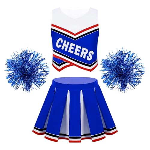 LSNNMU Kinder Mädchen Cheerleading Uniform Anzug Ärmellos Buchstaben Druck Mit Plissee Rock Outfit Set Cheerleader Karneval Party Kostüme(Blue B,14) von LSNNMU