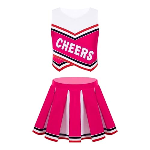 LSNNMU Kinder Mädchen Cheerleading Uniform Anzug Ärmellos Buchstaben Druck Mit Plissee Rock Outfit Set Cheerleader Karneval Party Kostüme(Hot Pink,10) von LSNNMU