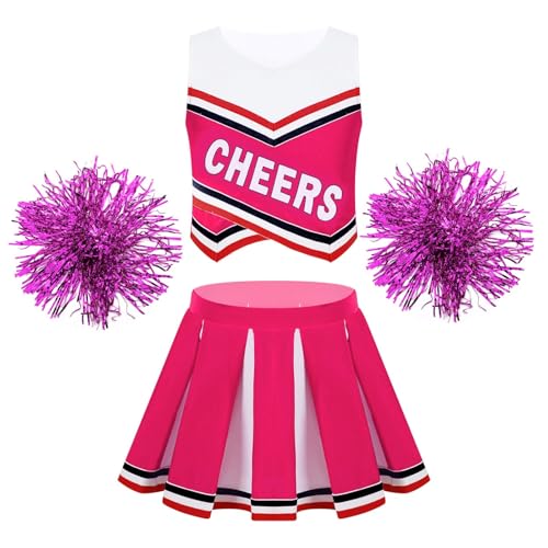 LSNNMU Kinder Mädchen Cheerleading Uniform Anzug Ärmellos Buchstaben Druck Mit Plissee Rock Outfit Set Cheerleader Karneval Party Kostüme(Hot Pink B,16) von LSNNMU