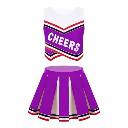 LSNNMU Kinder Mädchen Cheerleading Uniform Anzug Ärmellos Buchstaben Druck Mit Plissee Rock Outfit Set Cheerleader Karneval Party Kostüme(Purple,12) von LSNNMU