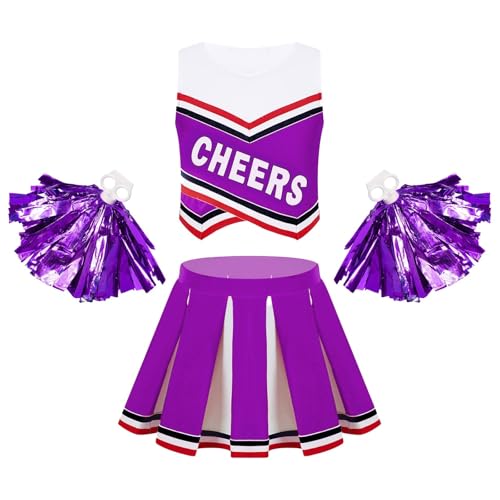 LSNNMU Kinder Mädchen Cheerleading Uniform Anzug Ärmellos Buchstaben Druck Mit Plissee Rock Outfit Set Cheerleader Karneval Party Kostüme(Purple A,12) von LSNNMU