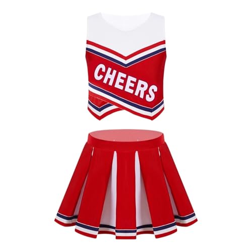 LSNNMU Kinder Mädchen Cheerleading Uniform Anzug Ärmellos Buchstaben Druck Mit Plissee Rock Outfit Set Cheerleader Karneval Party Kostüme(Red,12) von LSNNMU