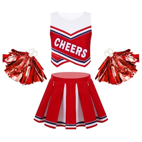 LSNNMU Kinder Mädchen Cheerleading Uniform Anzug Ärmellos Buchstaben Druck Mit Plissee Rock Outfit Set Cheerleader Karneval Party Kostüme(Red A,8) von LSNNMU