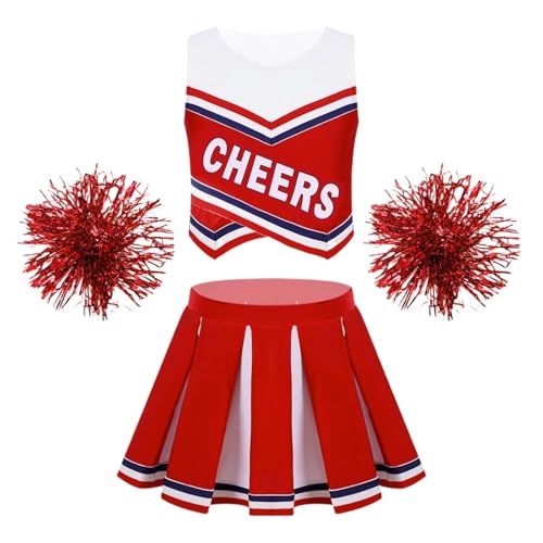 LSNNMU Kinder Mädchen Cheerleading Uniform Anzug Ärmellos Buchstaben Druck Mit Plissee Rock Outfit Set Cheerleader Karneval Party Kostüme(Red B,16) von LSNNMU