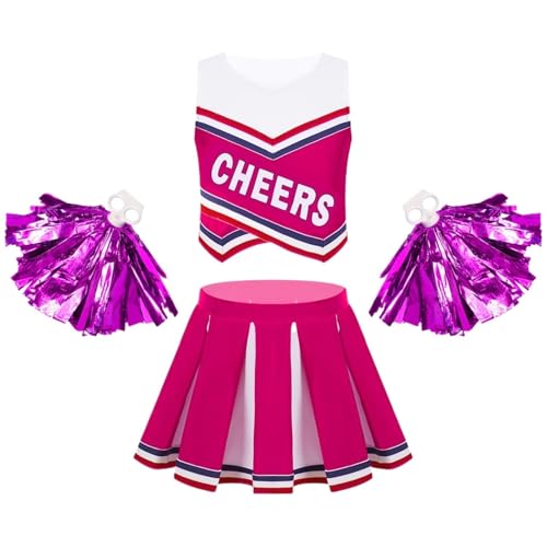 LSNNMU Kinder Mädchen Cheerleading Uniform Anzug Ärmellos Buchstaben Druck Mit Plissee Rock Outfit Set Cheerleader Karneval Party Kostüme(Rose A,10) von LSNNMU