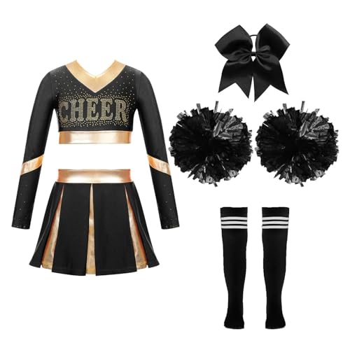LSNNMU Kinder Mädchen Cheerleading Uniform Kleid mit Blumenbällen Sets Jubeln Team Dance Outfits Cheerleader Kostüme Dancewear(A Black A,12) von LSNNMU